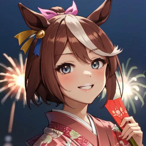 masterpiece, best quality, close up, face shot, looking at viewer, smile, wink,
tokai teio (umamusume), wears japanese kimono, wafuku, hold round paper fan, uchiwa, night, fireworks,
 <lora:tokai_teio_loha-000010:0.8>