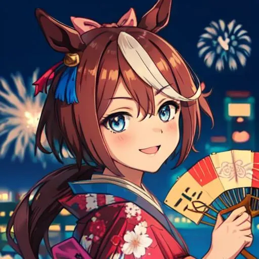 masterpiece, best quality, close up, face shot, looking at viewer, smile, wink,
tokai teio (umamusume), wears japanese kimono, wafuku, hold round paper fan, uchiwa, night, fireworks,
 <lora:tokai_teio_loha-000010:0.8>