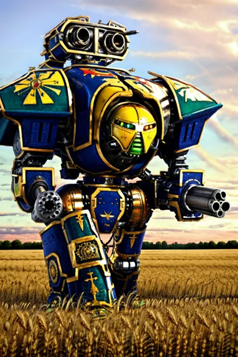 A gigantic green mecha,reaver titan, walking through wheat field,arm cannon,gatling gun, <lora:Titans MK1 by CARAXES:0.8>, <lora:LORA-XenoDetailer-v2:0.1>