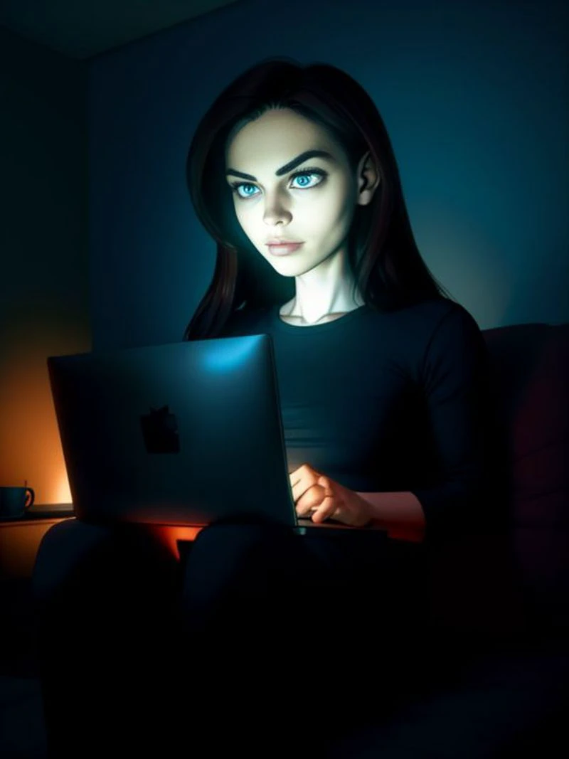 woman sitting on a couch using a laptop computer in the dark