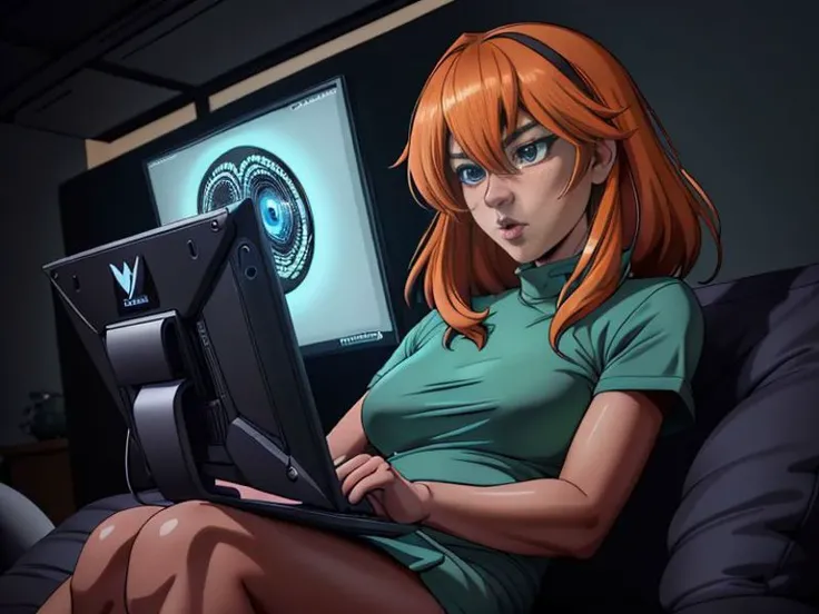 Extremely detailed cartoon by Yoshiyuki Tomino, 4k, UHD, absurdres, StareWare,
1 woman looking at screen, desktop computer  , sitting on sofa,  dark room, lit by screen, hypnotized, 
 <lora:StareWare:0.8>