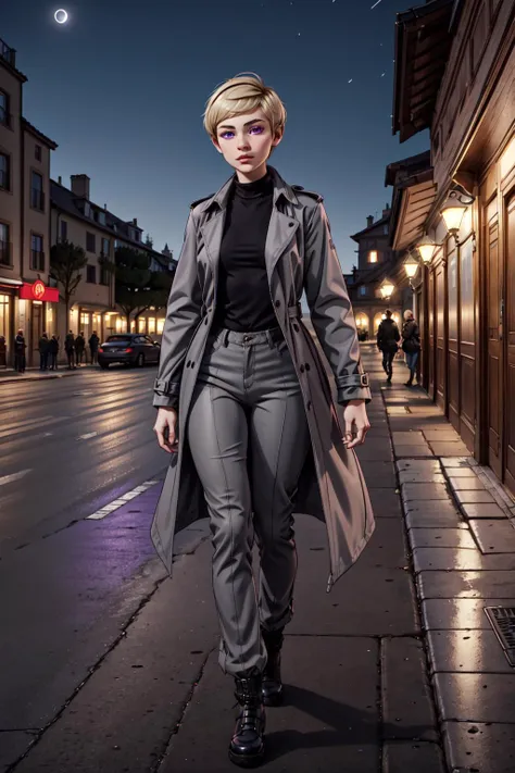 19yo woman with small breasts very short blonde hair and pixie cut,purple eyes,at night,wearing grey trench coat and grey cargo pants,outdoors,walking towards viewer,outside luxury hotel,(baroque architecture:1.1), <lora:LORA-XenoDetailer-v2:0.1>,animeshor...