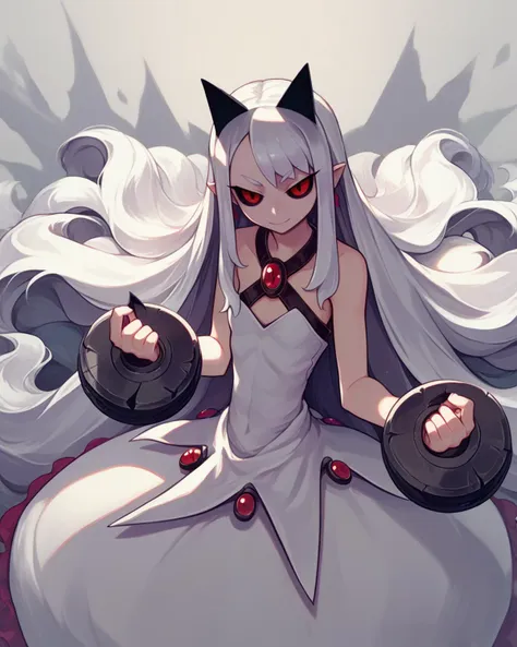 anime girl with white hair and black ears sitting on a red carpet