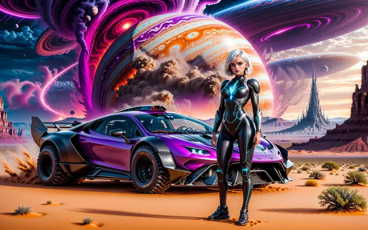 (masterpiece photo of 1girl standing in front of vehicle:1.3) ,full body wide angle cinematic shot [standing on path leading to alien city under glass dome], surreal purple sky,(standing woman holding tablet device:1.3), (vehicle focus:1.3),alien planet, s...