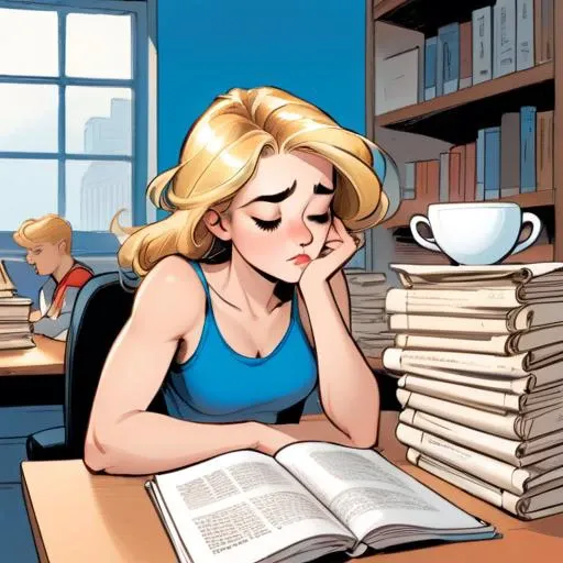 illustration,comic,novel illustration, On the desk, there is a laptop, a stack of thick printed manuscripts, and several empty coffee cups. 1girl,Windy Russ Alice,blonde_hair,blue_pants,white tube top, sits at the desk, one hand supporting her chin, her ey...