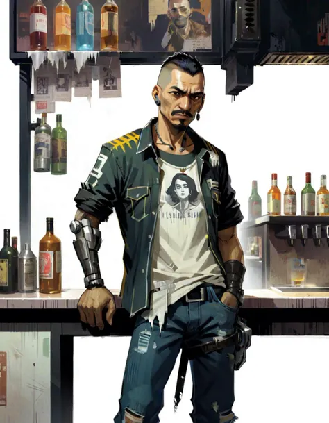 CPR, disco elysium, middle aged latino bartender pouring bottle behind counter, portrait, (full body), black metal band shirt, mechanical arm, ripped jeans, short hair, standing, (looking forwards), white background, cyberpunk