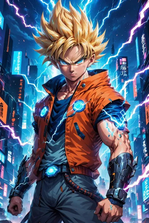 anime artwork. 1boy, <lora:PE_SonGoku:1> PESonGoku, blonde hair, blue energy aura, lightnings,  cable, cyberpunk, cyberpunk style, cyborg arm, mechanical arm, hood, orange jacket, led lights, looking at viewer, cyberpunk weapon staff on back male focus, ne...