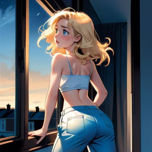 illustration,comic,novel illustration,1girl,Windy Russ Alice,blonde_hair,blue_pants,white tube top,stood up,stretched her body,and walked to the window to look outside.  the sky is dark,but eastrn is beginning to brighten