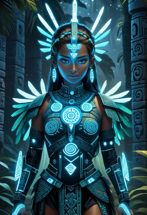 1girl, dressed as Quetzacoatl, (cybernetics:1.75), (ethereal (glowing:0.75) runes painted over body:1.4), outdoor, by night, ancient mayan style, mystical atmosphere, (masterpiece, best quality, ultra_detailed, highres, absurdres:1.2)