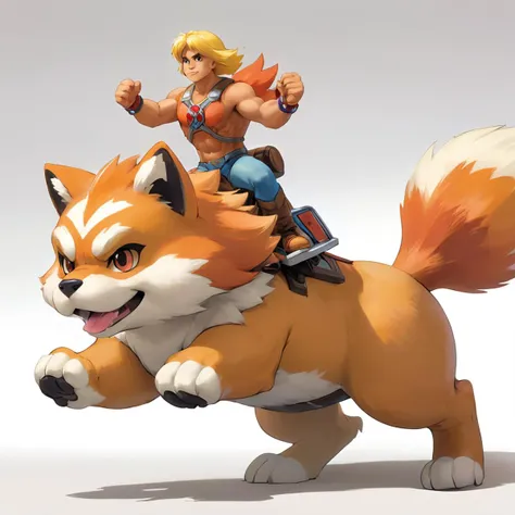 he-man riding on the back of growlithe, pokemon \(growlithe\).
masterpiece, best quality. white background, blank background. 
<...