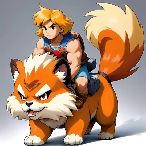 he-man riding on the back of growlithe, pokemon \(growlithe\).
masterpiece, best quality. white background, blank background. 
<...