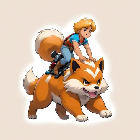 he-man riding on the back of growlithe, pokemon \(growlithe\).
masterpiece, best quality. white background, blank background. 
<...