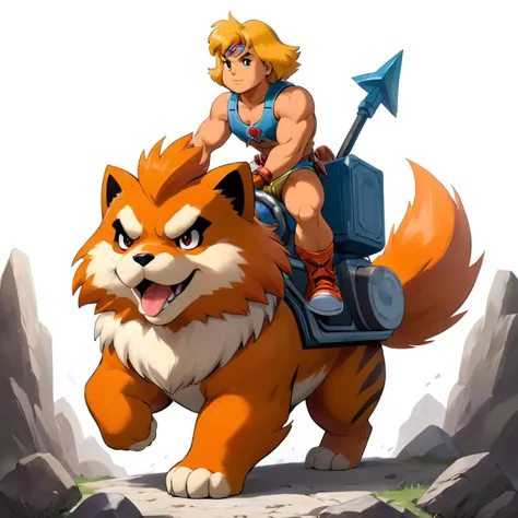 he-man riding on the back of growlithe, pokemon \(growlithe\).
masterpiece, best quality. white background, blank background. 
<...