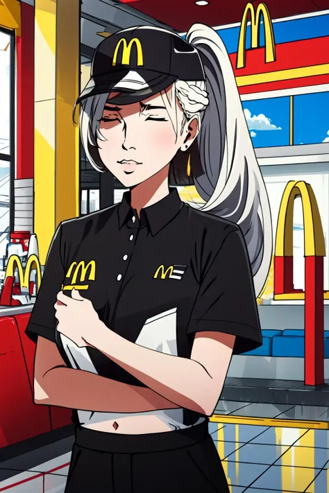 a woman in a uniform standing in front of a mcdonalds