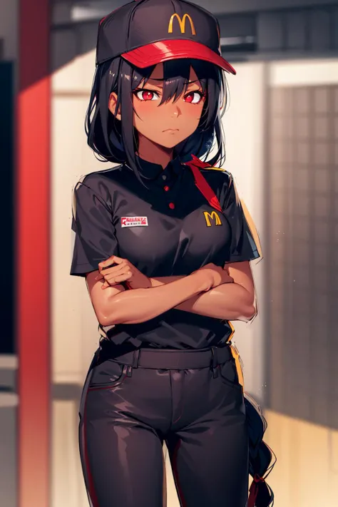 masterpiece, best quality
jahy, 1girl, black hair, long hair, braid ponytail, bangs, red eyes, (dark skin:1.2), hair between eyes, slit pupils
closed mouth, annoyed, narrowed eyes
McDonaldsUniform, shirt, black shirt, uniform, black pants, pants, cap