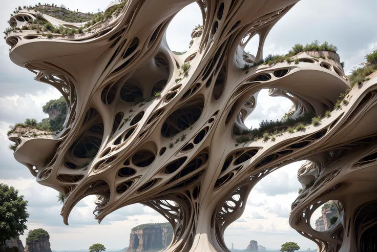 suspended over cliffside canyon galactic organic structure ultra modern parametricism gothic futurism sculptural architecture custom ultraminimal <lora:organic-v2:0.5> professional photograph