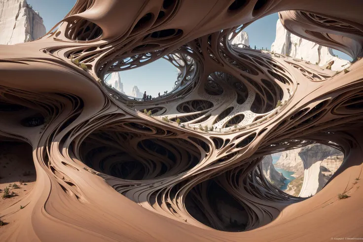 suspended over cliffside canyon organic structure ultra modern parametricism gothic futurism sculptural architecture custom ultraminimal <lora:organic-v2:0.5> professional photograph