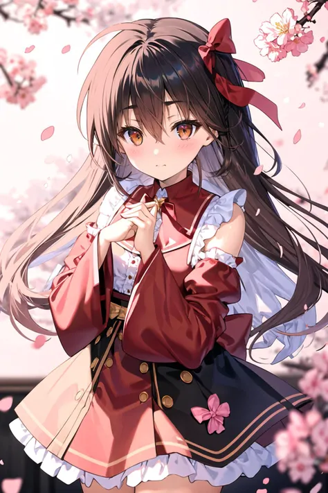 <lora:96mimo414:1>, 1girl, solo, bow, detached sleeves, brown hair, long hair, hair bow, hair tubes, red bow, brown eyes, looking at viewer, ofuda, gohei, yellow neckwear, wide sleeves, frills, ribbon trim, ribbon-trimmed sleeves, ascot, petals, red skirt,...