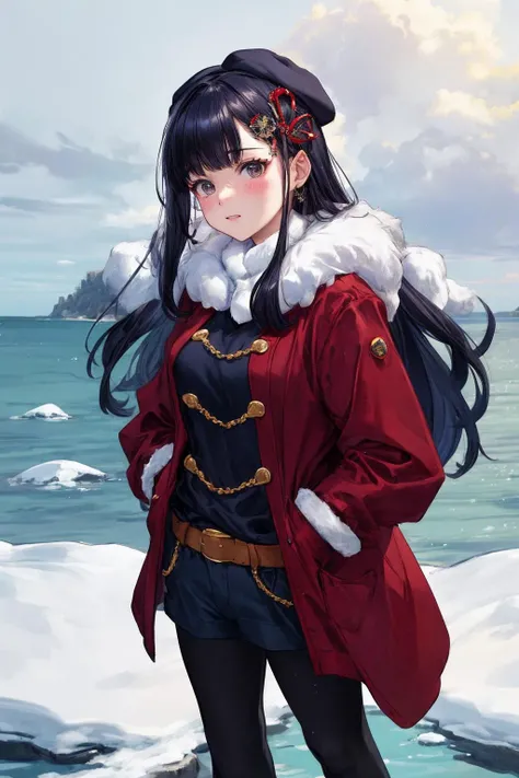 masterpiece, best quality, absurdres, YamashiroRen, blunt bangs, hair ornament, winter, fur clothes, fur hat, snow, ocean, frozen water, Outdoor,hands in pockets, <lora:CHAR-YamashiroRen:1>, looking the viewer