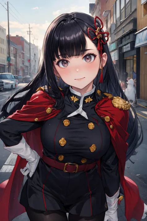 masterpiece, best quality, absurdres, YamashiroRen, blunt bangs, hair ornament, YamashiroRen, blunt bangs, hair ornament,,  <lora:CHAR-YamashiroRen:1>,  
 YamashiroRen, blunt bangs, hair ornament, military uniform, epaulettes, white gloves, red cape, black...