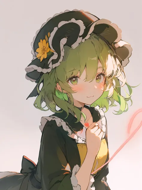 anime girl with green hair and a hat holding a pink umbrella