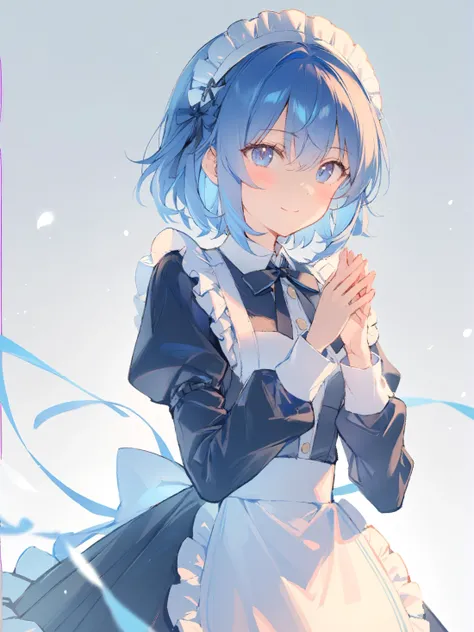 anime girl with blue hair and a white apron holding a cell phone