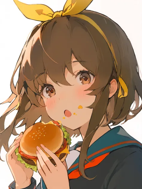 anime girl eating a hamburger with a bun in her hand