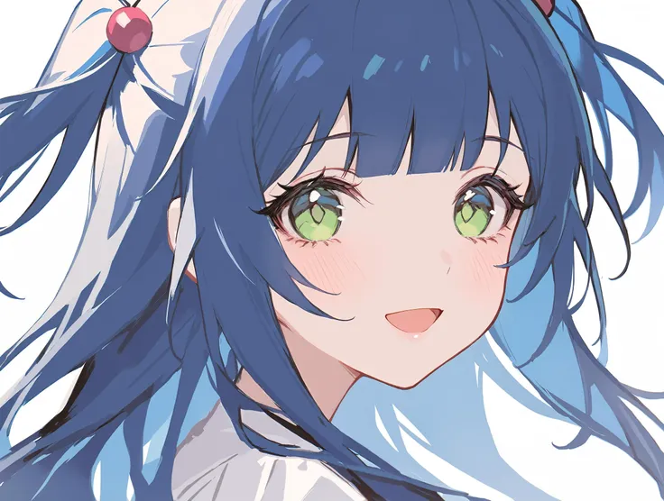 anime girl with blue hair and green eyes and a white shirt