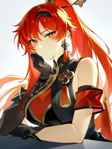 a woman with long red hair and a sword in her hand