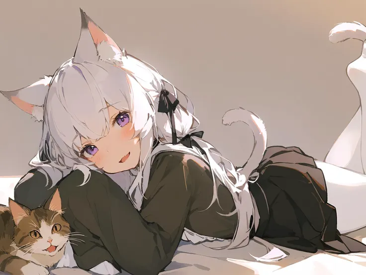 anime girl laying on the floor with a cat on her lap