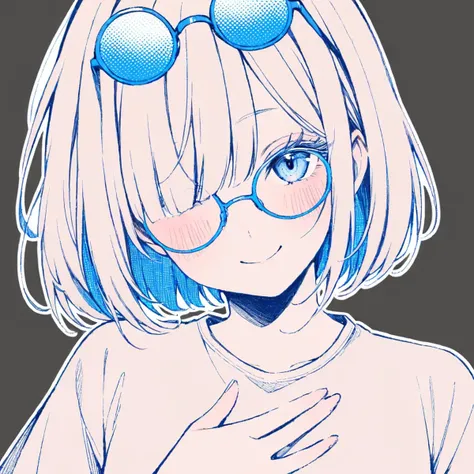 anime girl with glasses and a white shirt with blue hair