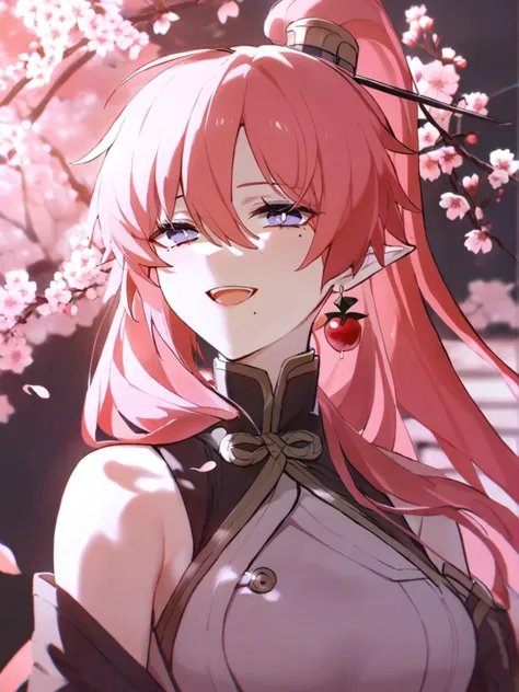 1girl, 
yinlin (wuthering waves),  
solo, red petals, mole under eye, smile, looking at viewer, falling petals, pink theme, red nails, :d, white dress, open mouth, flower, pink hair, ahoge, mole under mouth, ponytail, dress, bare shoulders, holding flower,...