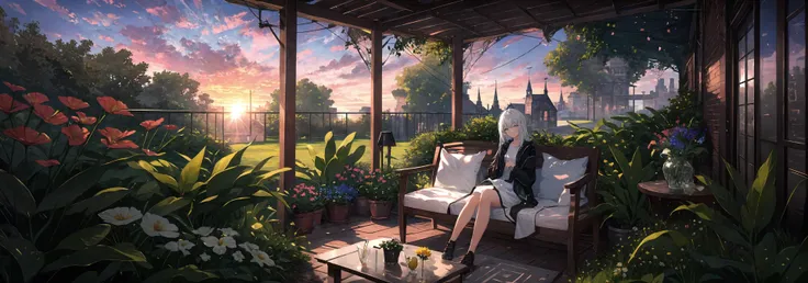 anime anime girl sitting on a porch with flowers and plants