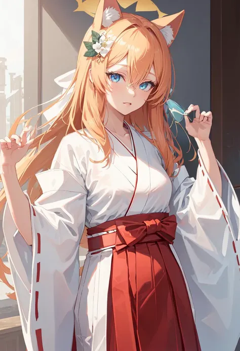 best quality, masterpiece, highres, solo, (mari_bluearchive:1.10), (white kimono:1.35), (red hakama:1.35), (wide sleeves:1.20), 28 <lora:mari_bluearchive:0.80>