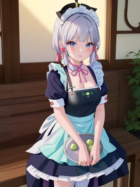 anime girl in maid outfit holding a plate of apples