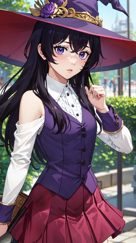 anime girl in a purple hat and purple dress with a purple top