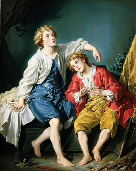 a painting of two young boys sitting on a bench in a wooded setting