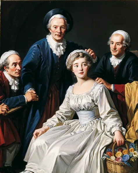 arafed painting of a woman in a white dress with three men