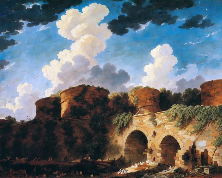 painting of a painting of a castle with a bridge and a river