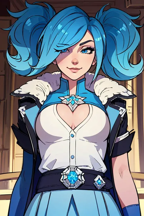 Evie,blue hair,twintails,blue eyes,solo,cleavage,fur trim,belt,jacket,skirt,jewelry,elbow gloves,standing,smirk,looking at viewer,from below,frozen shop,(insanely detailed, beautiful detailed face, masterpiece, beautiful detailed eyes, best quality) ,<lora...