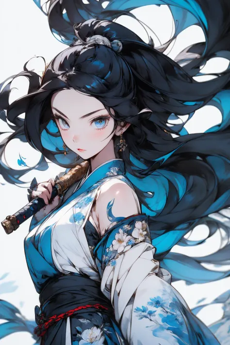 Masterpiece, 1girl, close up, wear ice-made hanfu, Chinese Traditional cloth, ((holding a glowing sword,)) long black hair, hair braid, blue flames background, thunder effect, ink painting style, dynamic pose, battle pose <lora:kungfu:0.8> <lora:Nijidefaul...