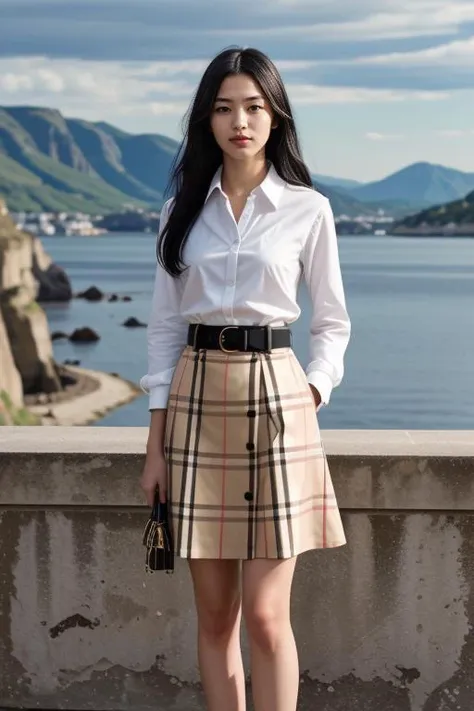 1 woman, 22yo, realistic, masterpiece, high detailed skin, looking at viewer, full body shot, scenic view, long hair, black hair
<lora:Burberry_Shirt_Skirt_By_Stable_Yogi:0.8> burberry plaid, skirt, belt, white shirt