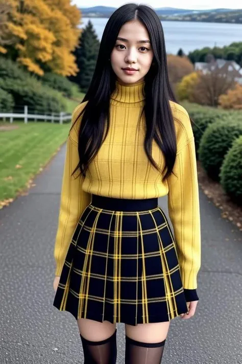 1 woman, 22yo, realistic, masterpiece, high detailed skin, looking at viewer, full body shot, scenic view, long hair, black hair
yellow plaid pleated miniskirt, yellow turtle neck sweater <lora:Yellow_Sweater_Skirt_By_Stable_Yogi:1>