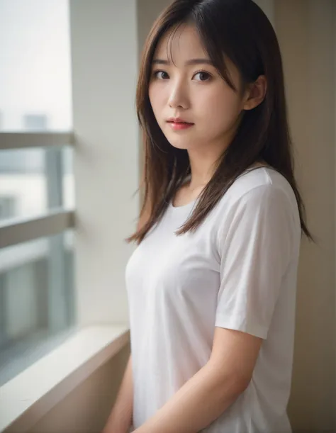 a close up of a woman standing near a window with a white shirt