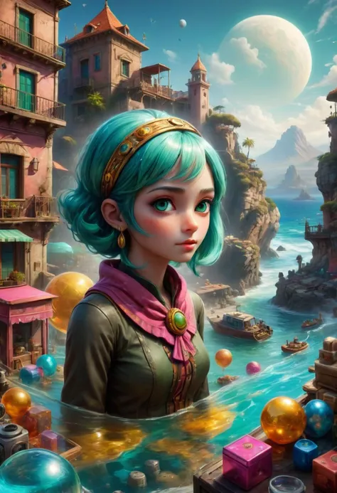 a girl with blue hair and a green wig stands in front of a castle