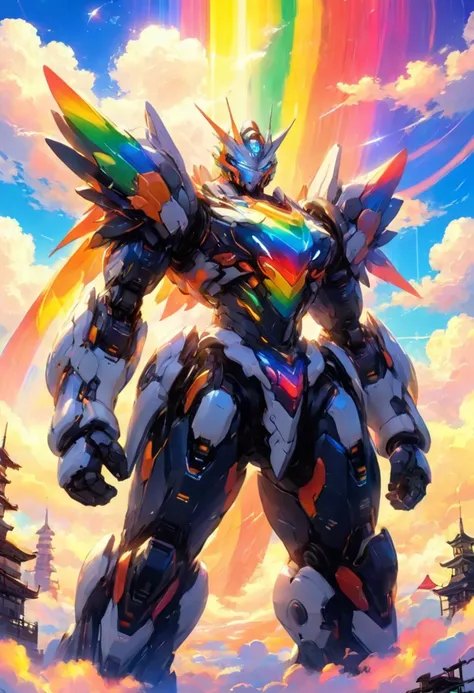 a large robot standing in front of a rainbow colored sky