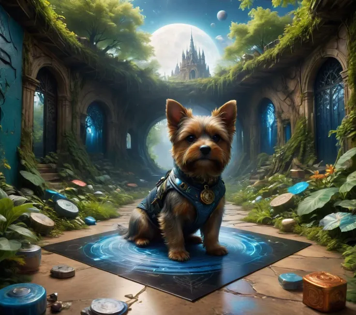 arafed dog sitting on a mat in a fantasy setting