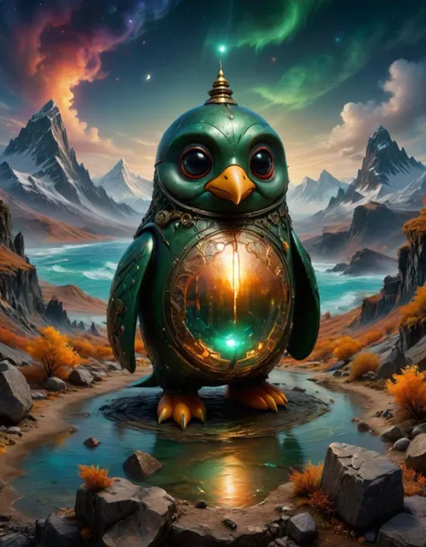 a painting of a green owl with a glowing orb in its beak