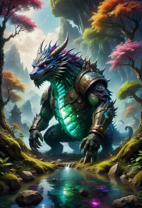 a dragon in a forest with a stream of water