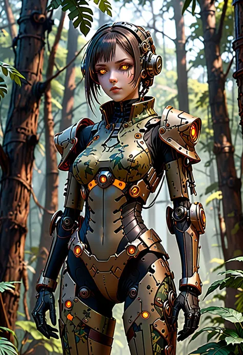 a close up of a woman in a futuristic suit standing in a forest